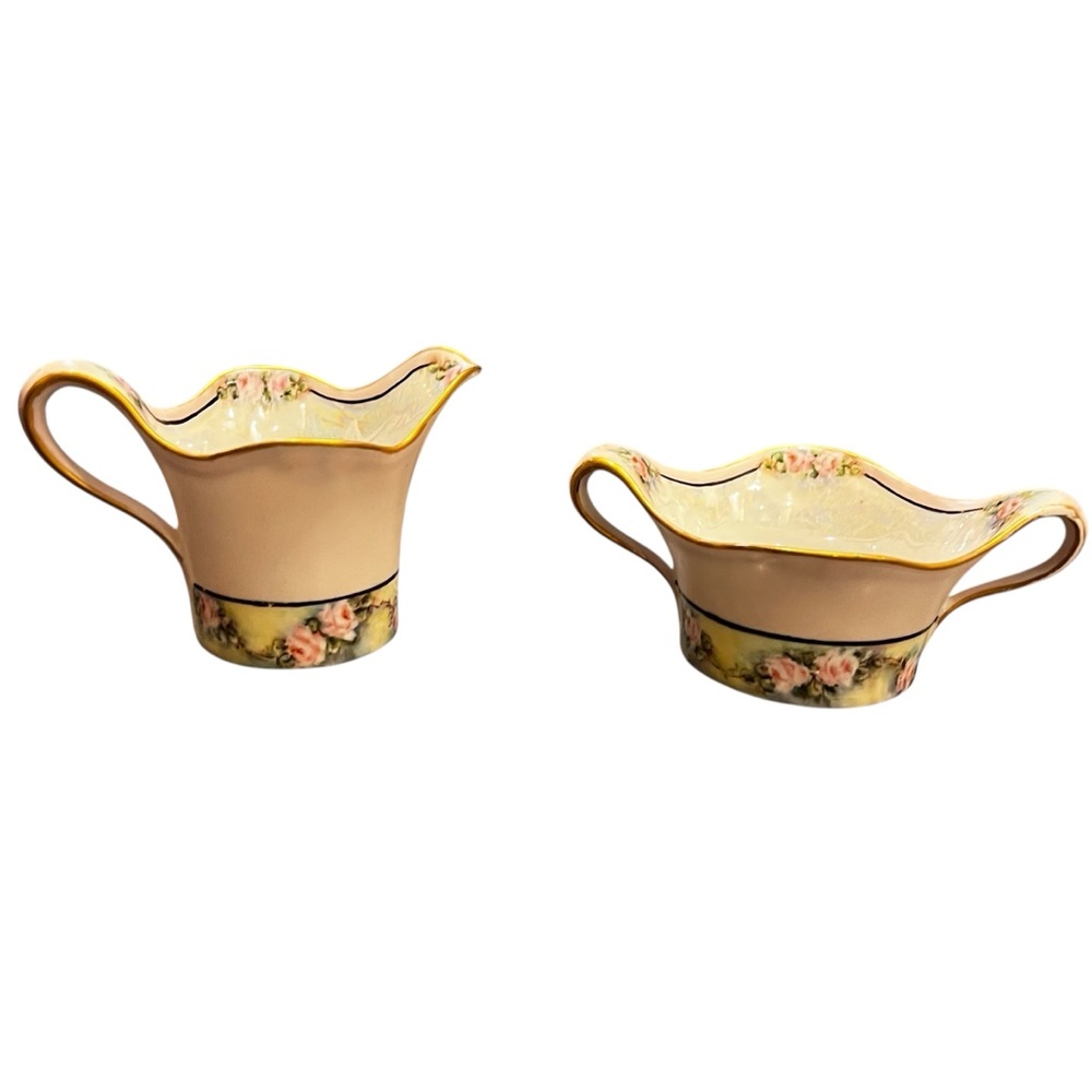 R S Prussia Hand Painted Floral Luster Cream And Open Sugar Set